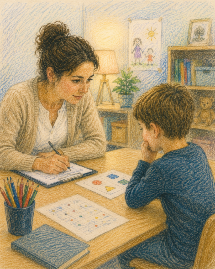 Enfant réalisant un bilan psychologique avec une psychologue