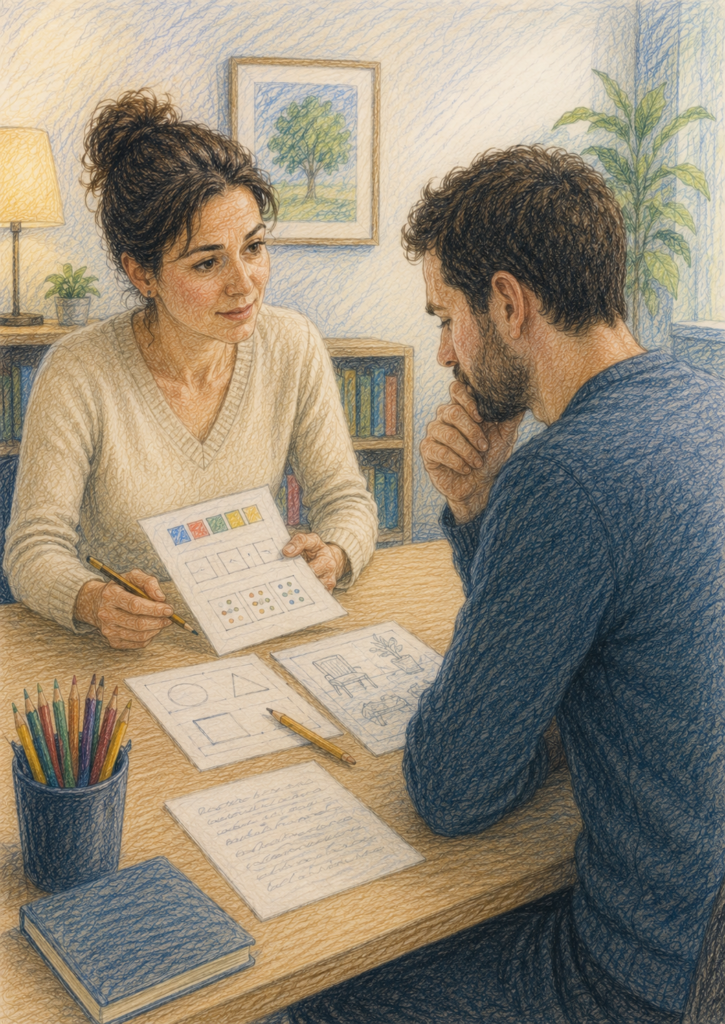 Adulte réalisant un bilan psychologique avec une psychologue