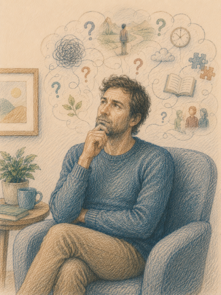 Homme réfléchissant aux questions liées à un bilan psychologique