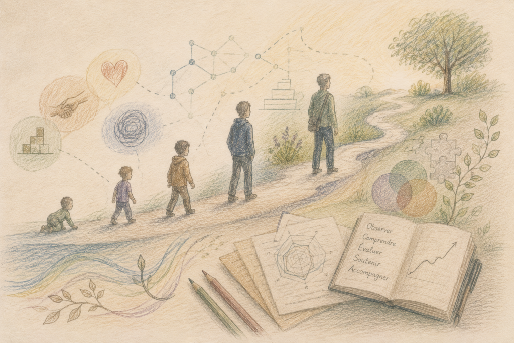 Illustration des différentes étapes du développement, de l’enfance à l’âge adulte