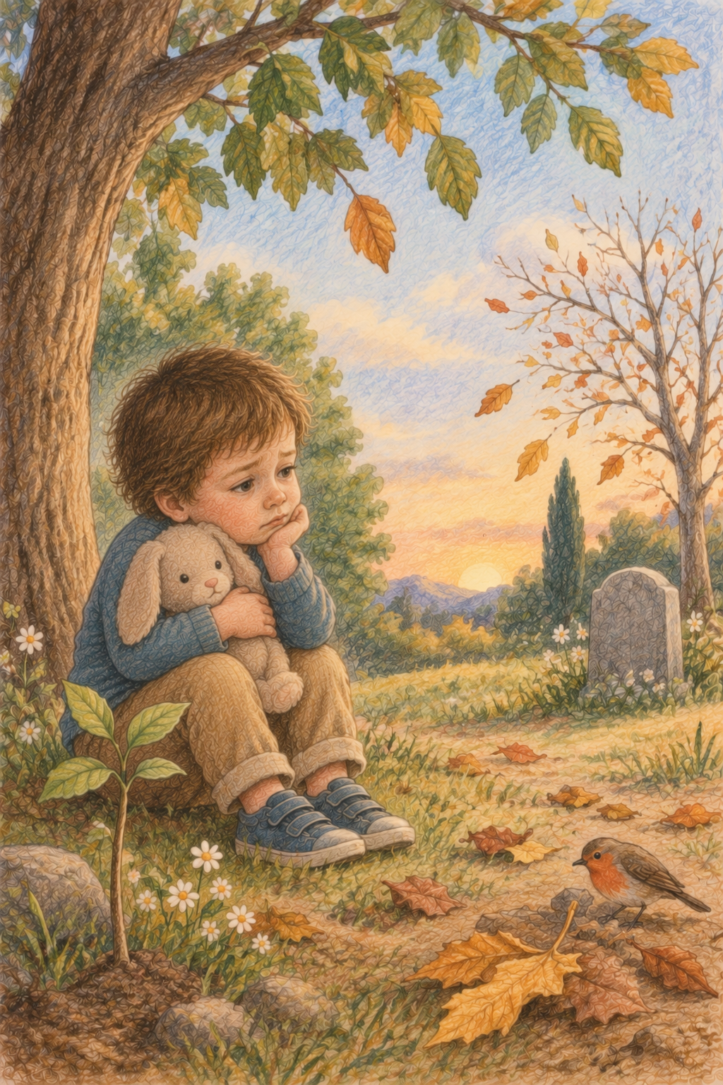 Enfant assis dans la nature face à une tombe, illustration de la réflexion sur la mort