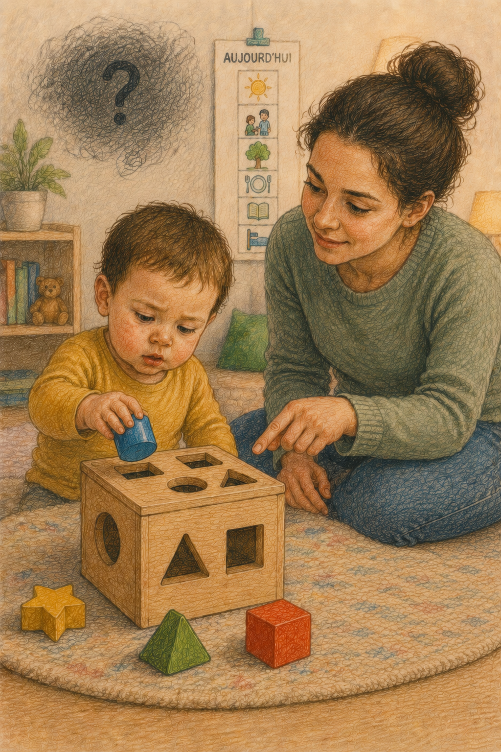 Mère et enfant explorant un jeu d’encastrement, illustration du développement et des apprentissages